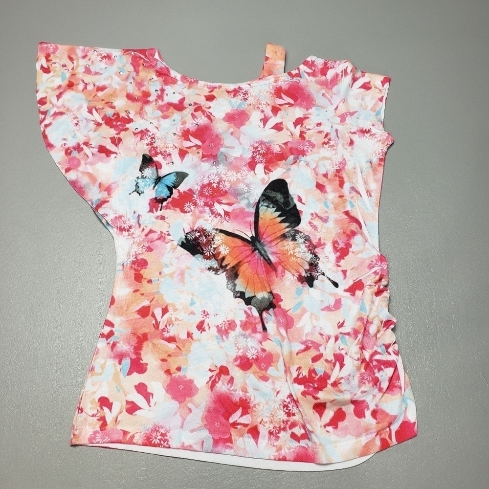candies butterfly, flower, ruched summer top women's size large